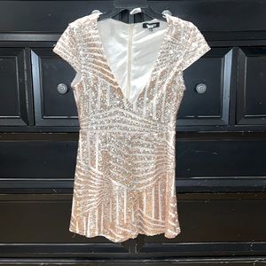 Plunging neckline rosegold sequin romper
